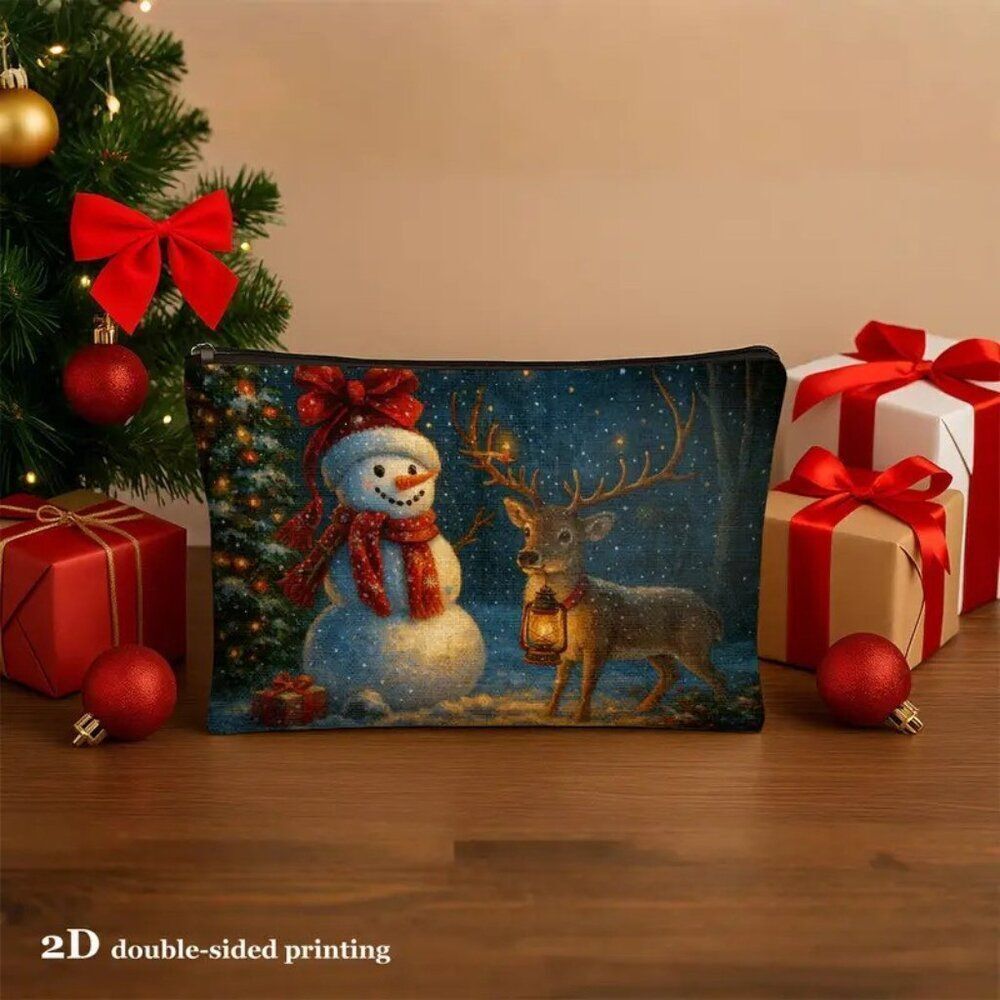 Christmas Winter Snowman and Reindeer Travel Makeup Bag Double Sided Printed